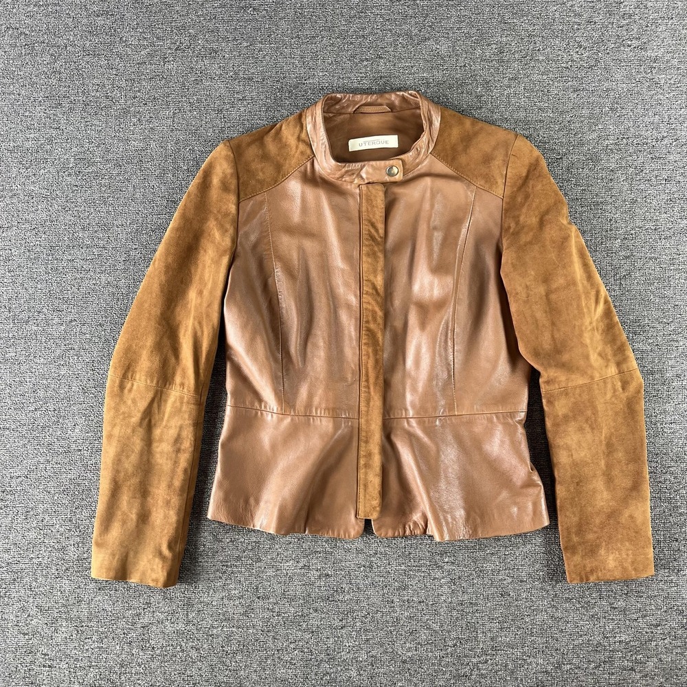 Uterqüe Jacket Womens Medium Brown Leather Suede Pleated Hem Moto Zip Lined